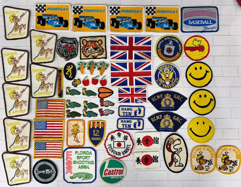 Vtg 70s 80s Embroidered Patches Mega Lot 59pc Woodstock Racing Smiley Surf Biker